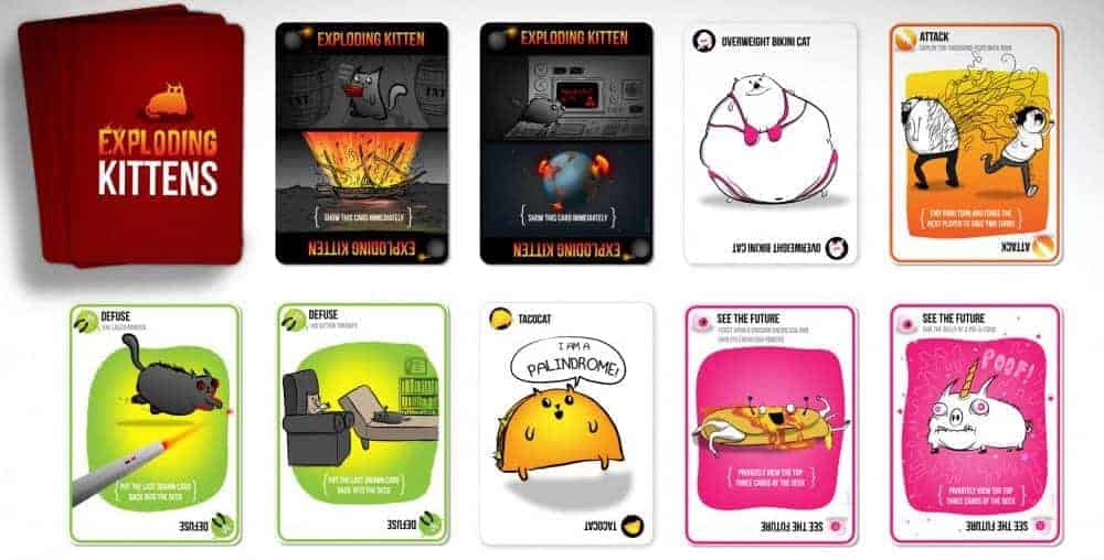 Exploding Kittens is a popular card game with funny art covering all categories of cat life