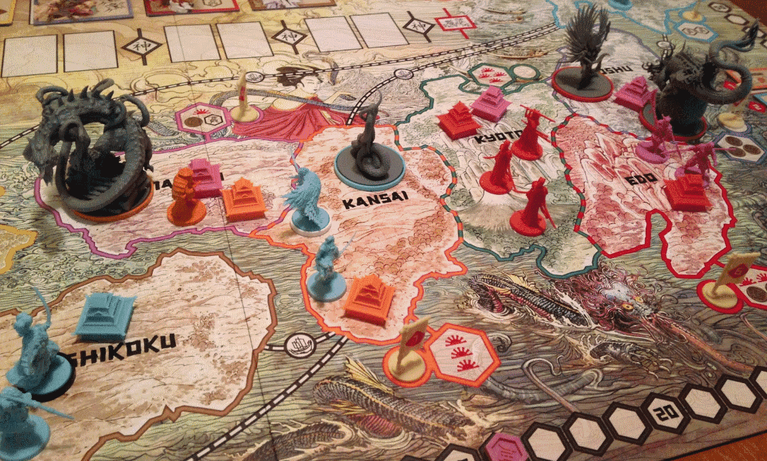 Rising Sun's complete game board is based on original lands of Japan and feature beautiful art